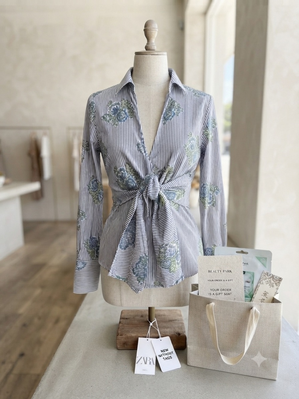 Zara Striped Button-Down Blouse with Blue Floral Tie Front-L & Beauty Gift Bag 🎁